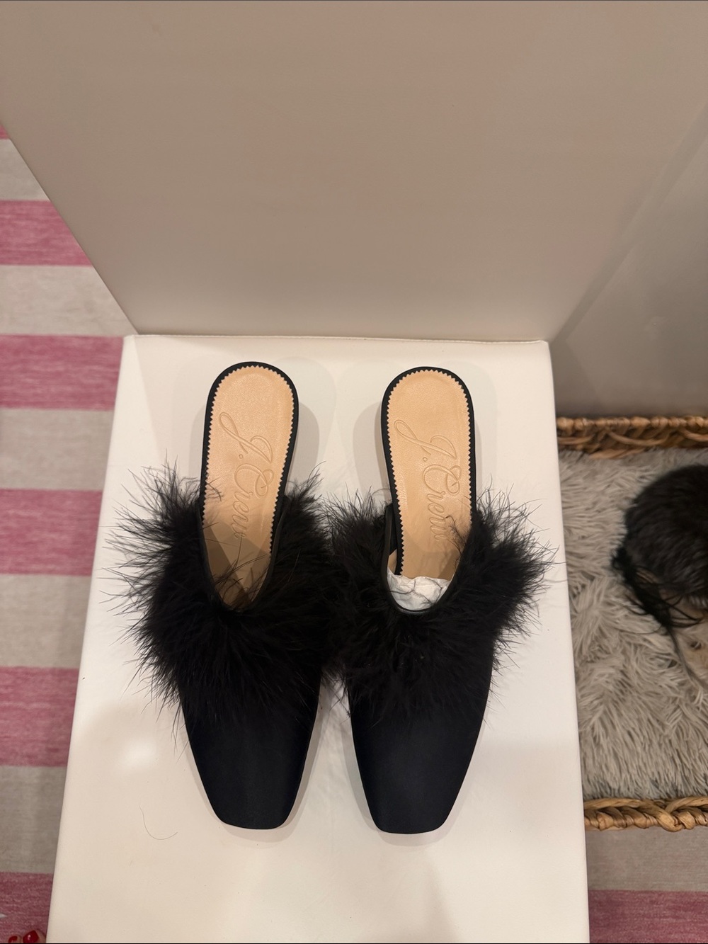 J Crew Elegant Black Feather Trim Slip-On Mules